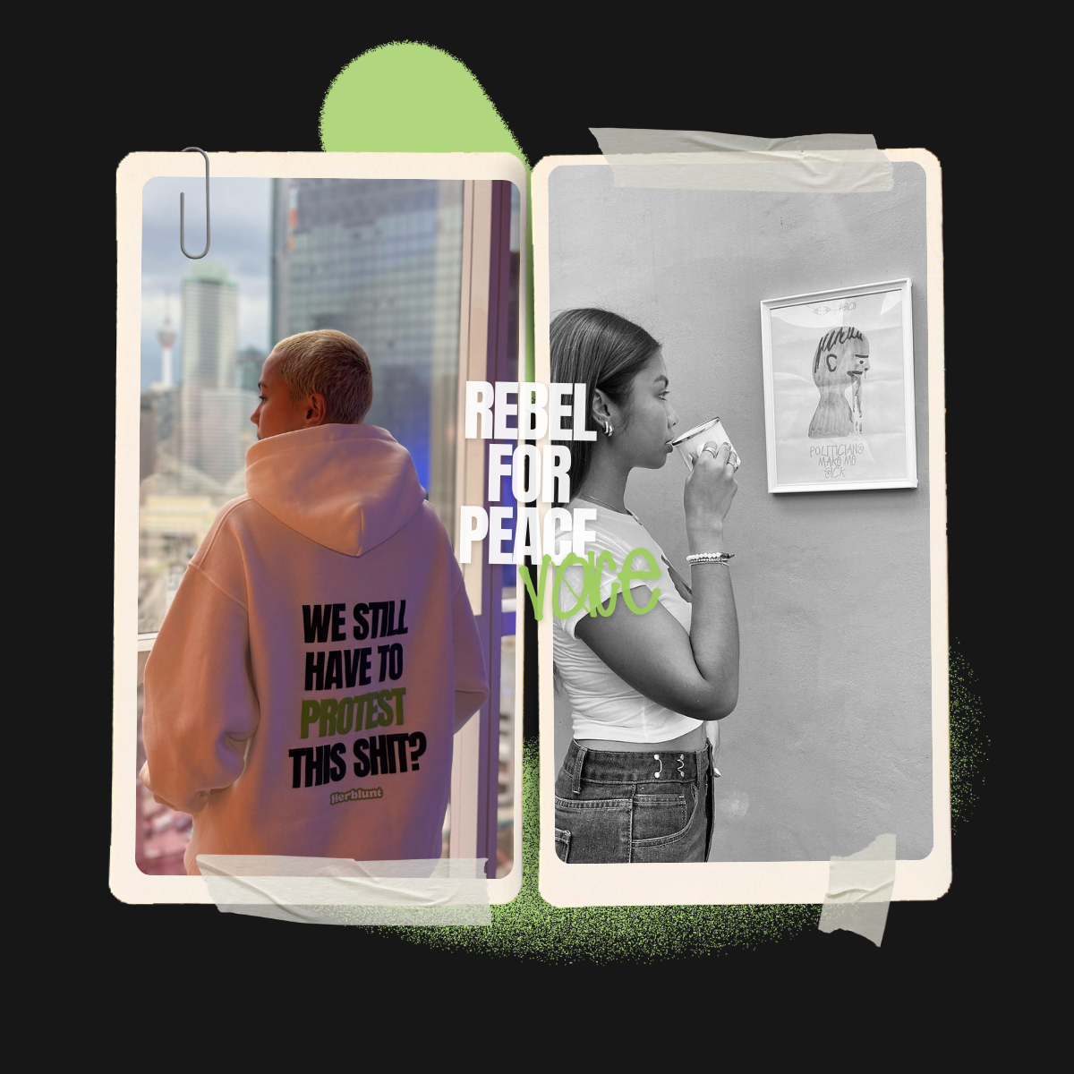 Two framed pictures with text and people in a cityscape representing herblunt voice